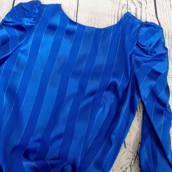 Blue slinky stripe ruched sleeve 80s dress - Picture 5 of 6